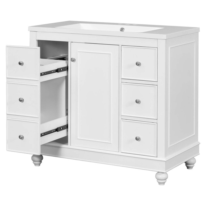 Armoire de salle de bain contemporaine avec lavabo en résine, 4 tiroirs et 1 porte, Blanc
