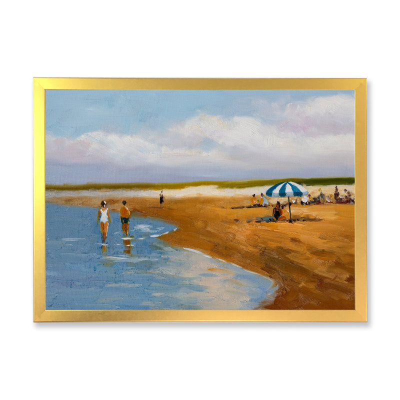«Blue Sea By The Orange Beach With Parasol», art mural nautique et côtier sur toile, Impression dorée sur toile encadrée