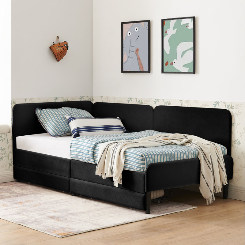 Twin Size Upholstered Platform Bed Frame With 2 Storage Drawers, Adjustable Velvet Sofa Bed, Black, Twin, Black