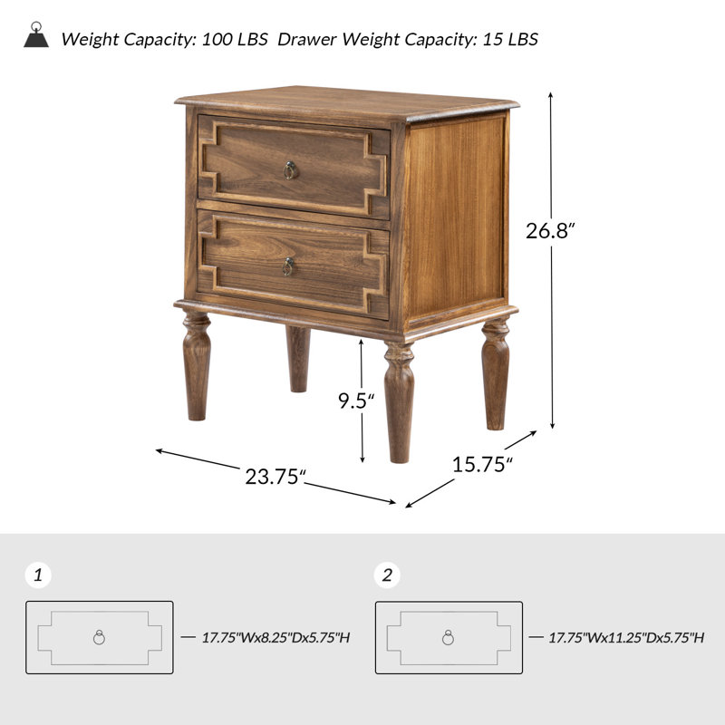 Table de chevet 2 tiroirs en bois massif Timar H 27 po, Noyer