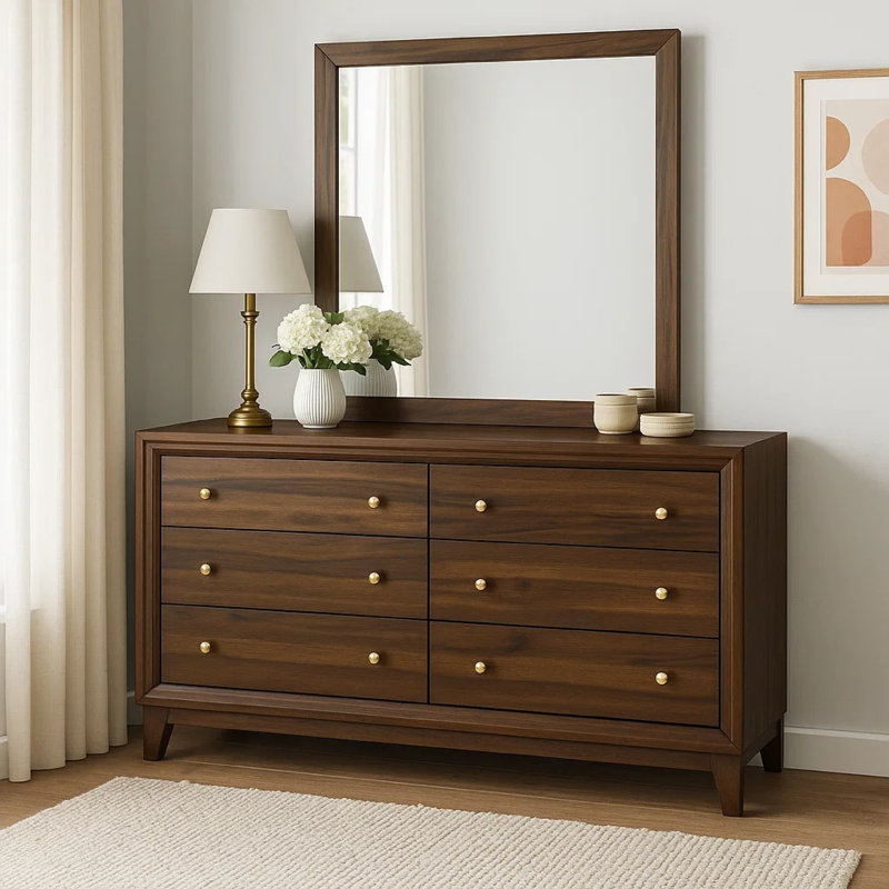 Commode large Yels avec miroir assorti, 6 tiroirs, bois brun noyer