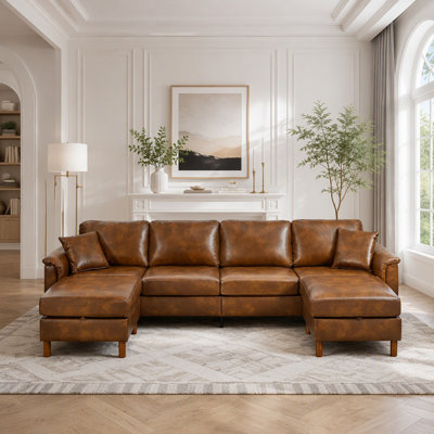 Sectional Sofa with Two Removable Storage Ottomans, Upholstered Breathable PU Leather