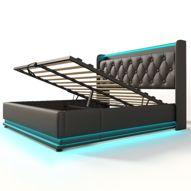 Queen Size Upholstered Bed with 360° LED Lights, Hydraulic Storage, USB Type-C Charging, PU Leather Frame, Black, Black