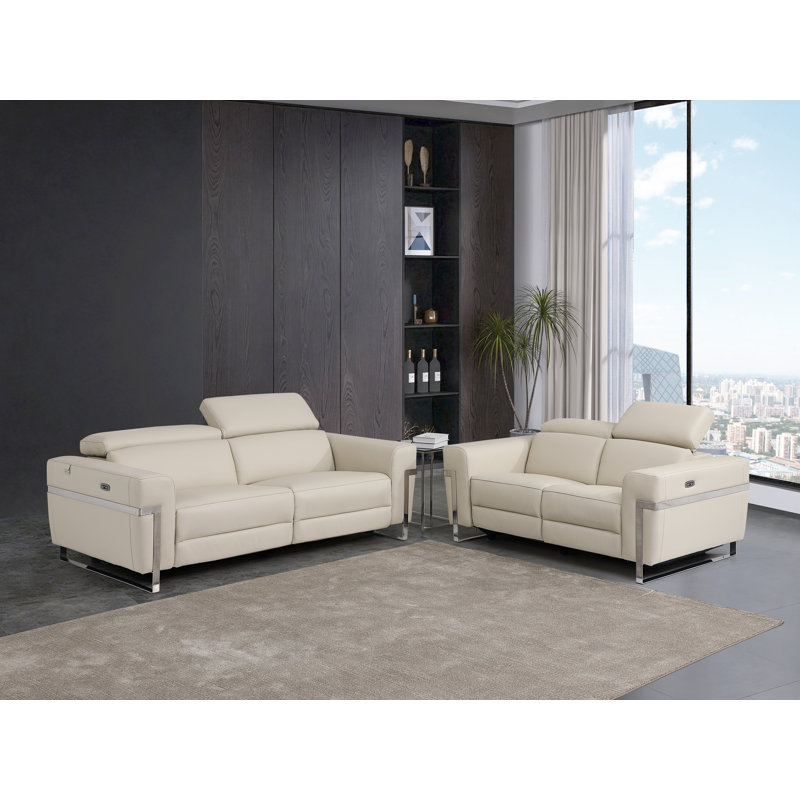 Ensemble de canapé et causeuse inclinable électrique en cuir italien Weems, Cuir véritable beige