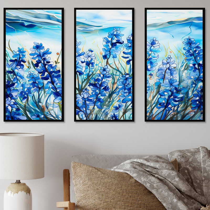 «Calming Blue Bonnets Floral Field II», ensemble d'art mural champ de fleurs, Cadre flottant noir, H 32 po x l 48 po x P 1 po