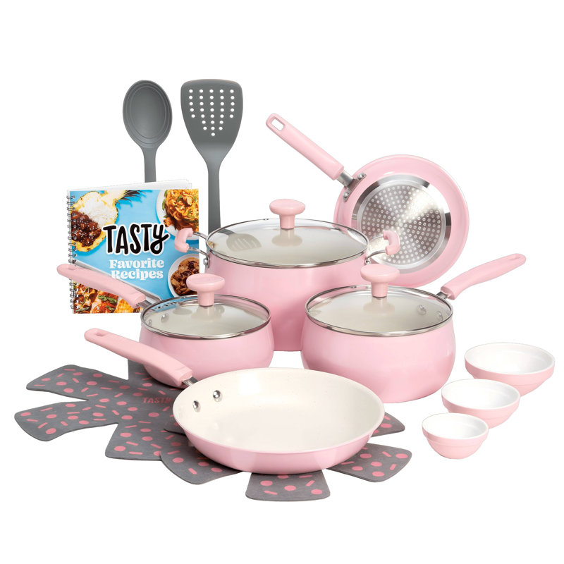 Pink 16-Piece Non-Stick Aluminum Cookware Set with Ceramic Coating