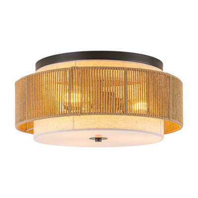 3-Light Natural Rattan Drum Flush Mount