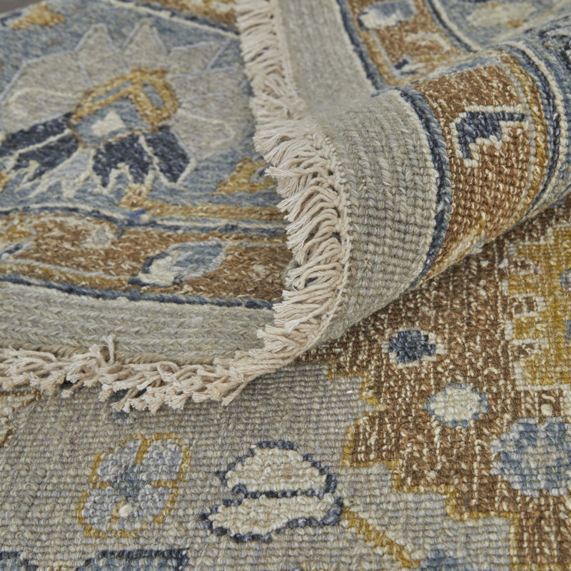 Tapis oriental en laine noué à la main bleu / brun / gris Monyca, Rectangle 5 pi 6 po x 8 pi 6 po