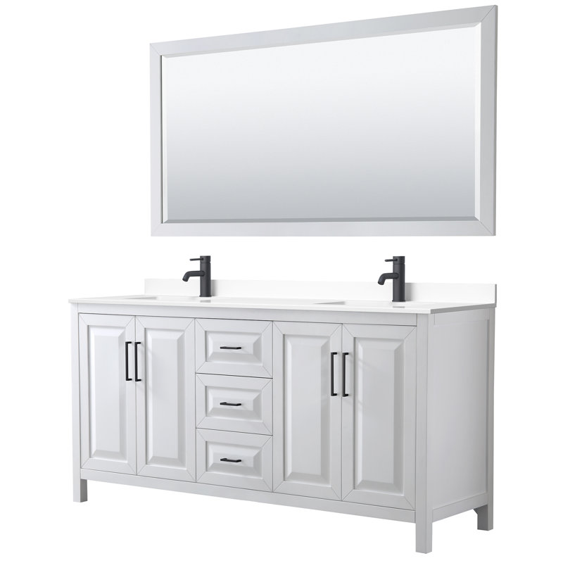 Ensemble de meuble-lavabo double 72 "avec miroir Daria, Blanc, Marbre de culture blanc, Noir mat