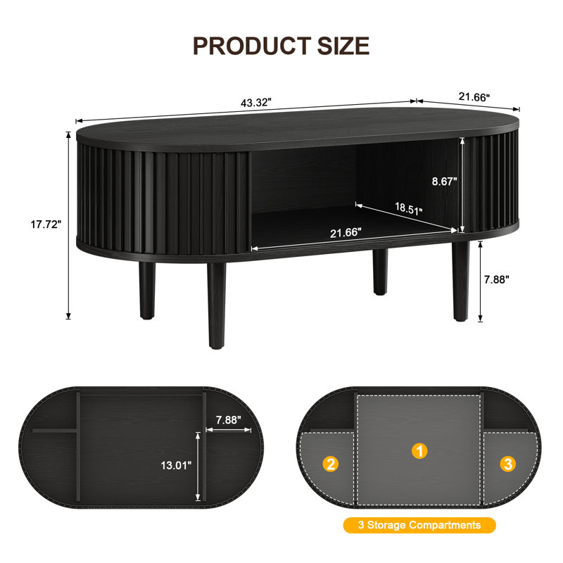 Table basse ovale de 43,4 po avec rangement dissimulé, table d'appoint cannelée avec portes coulissantes en tambour, Noir