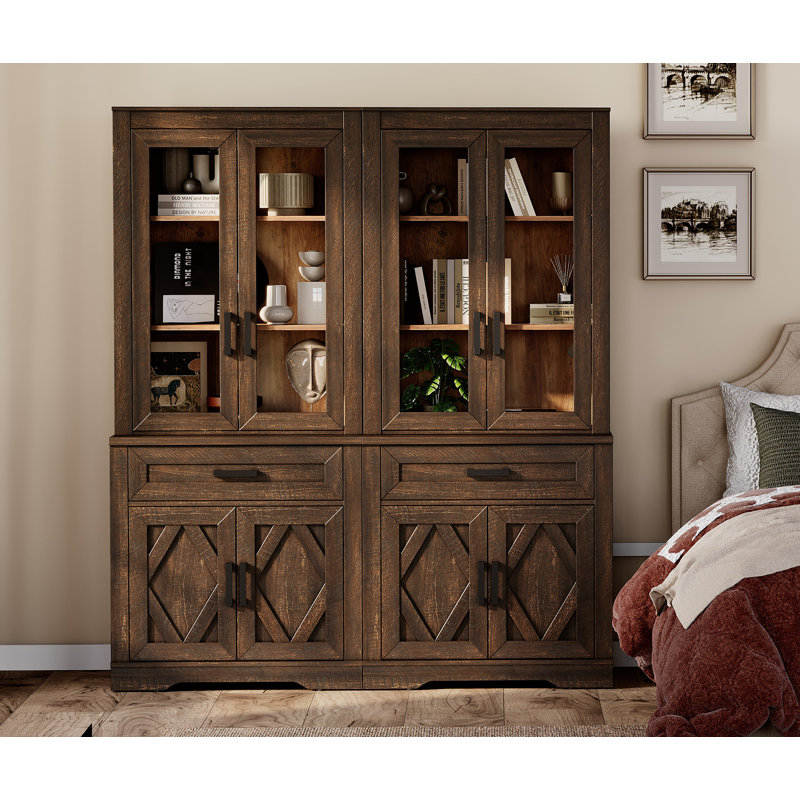 Laziza 5 Tier Bookcase With Barn Door,73.3" Tall Open Storage Bookshelf,Floor Standing Farmhouse Display Organizer With Drawer For Home Office,Living Room