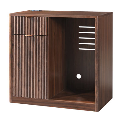Modern Walnut Coffee Bar Cabinet with Mini Fridge Space, Charging Station & Wine Storage - Fluted Buffet Sideboard