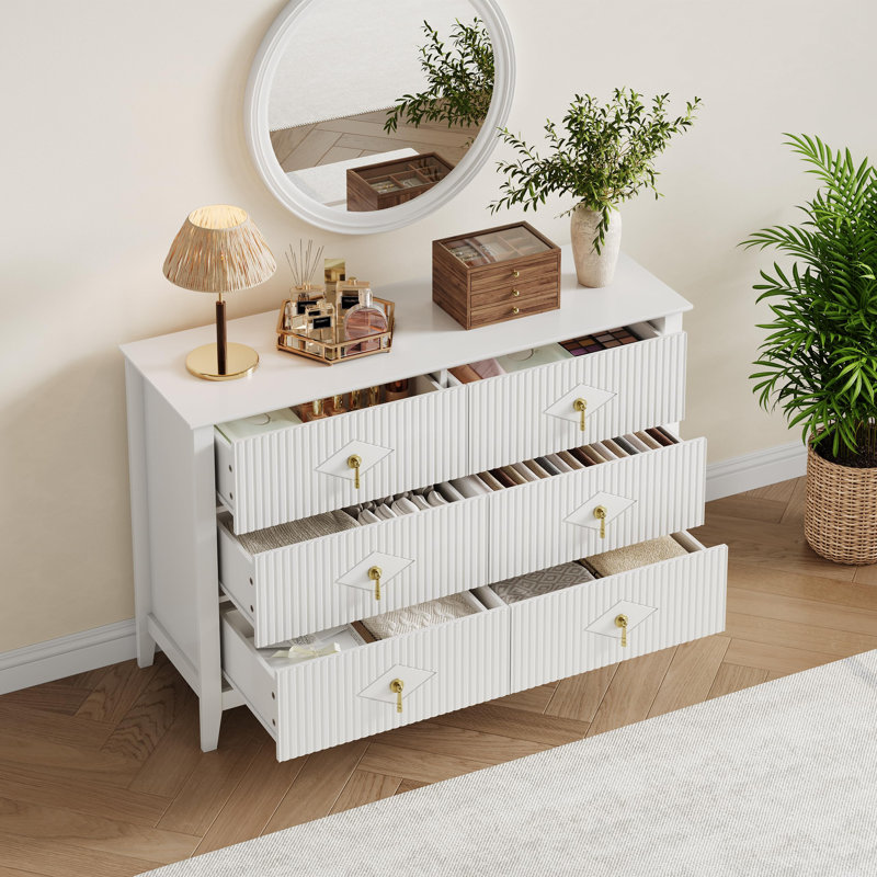 Commode 6 tiroirs 48 po pour chambre à coucher, commode en bois moderne avec poignées en métal, Blanc