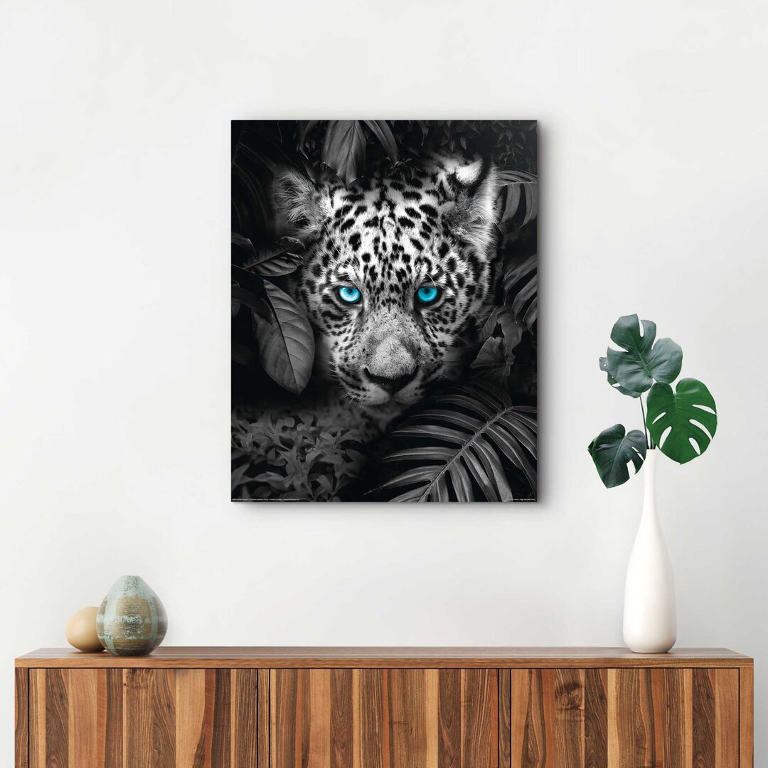 Wandbild Deko Panel Leopard Blaue Augen - Tiermotiv - Pflanzen