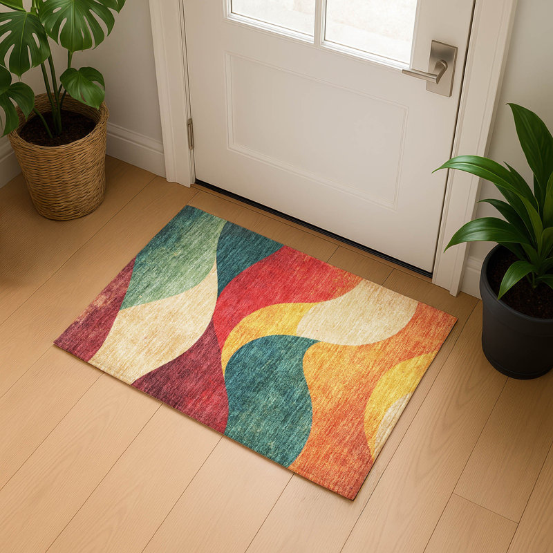 Premium Machine Washable Mayfield  swirls Rug, 1'8" x 2'6", Orange