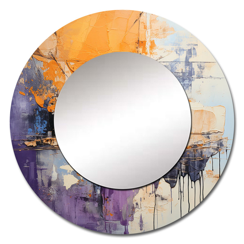 Collage Impressions V - Abstract Collages Mirror, Yellow Round Unique Wall Mirror, Printed Metal Art, 29" x 29"
