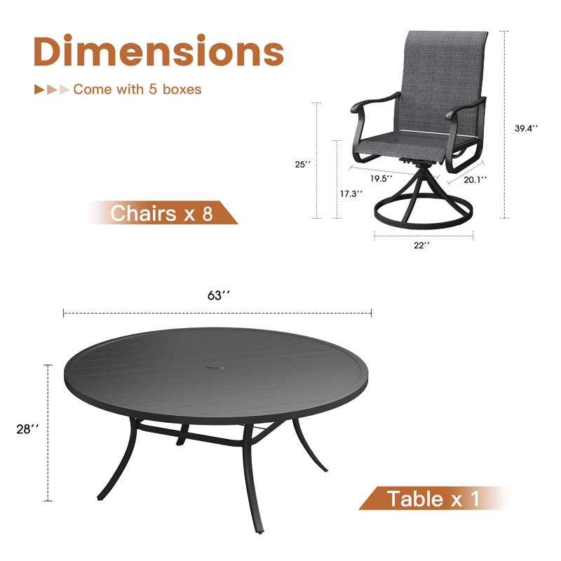 Orlando 8-Person Patio Dining Set with 63" Round Dining Table and 8 Swivel PVC-coated polyester Chairs, Black/Black