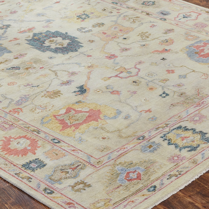 Galena Hand Knotted Wool Oriental Area Rug in Cream; Blue; Vintage Linen; Rose, Rectangle 6' x 9'