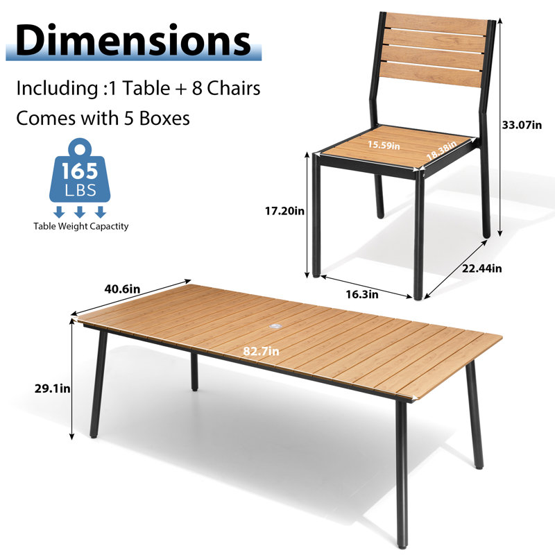 Ensemble repas pour 8 personnes L 82,5 po avec trou pour parasol Cyanni, Brun
