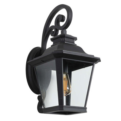21" Outdoor Wall Lantern, Vintage Black Metal Sconce With Clear Glass And Decorative Scroll Design For Porch, Patio, And Garden (1-pack, Bulb Not Included)