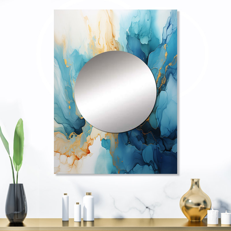 Tresure Blue And Gold Abstracted River Flow - River Large Mirror, Blue Decorative Wall Mirror, Printed Metal Art, 32" x 24"