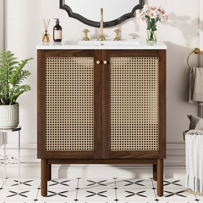 Meuble-lavabo de 30 po avec portes en bambou tissé à la main, armoire en MDF et conception à fermeture en douceur
