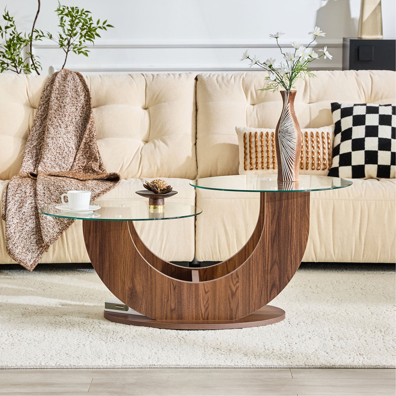 Table basse créative en U à deux niveaux avec base en panneau de fibres à densité moyenne Creative, Transparent/Walnut