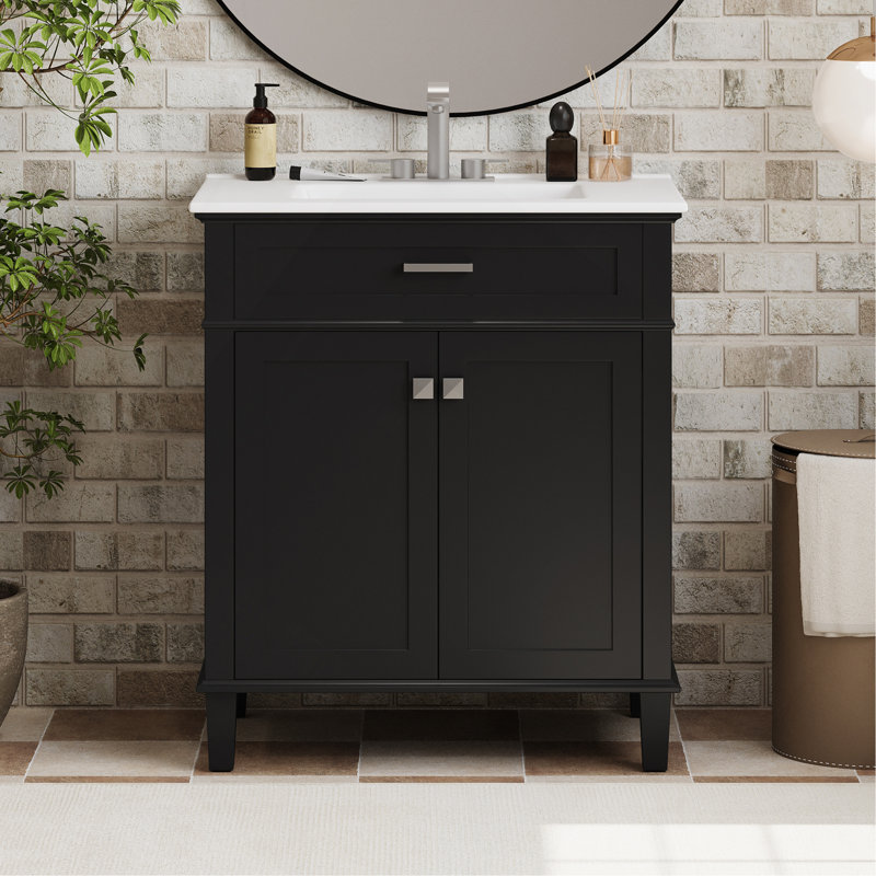 30-Inch Bathroom Vanity With Ceramic Basin,  Soft Close Door And Adjustable Shelves, Black