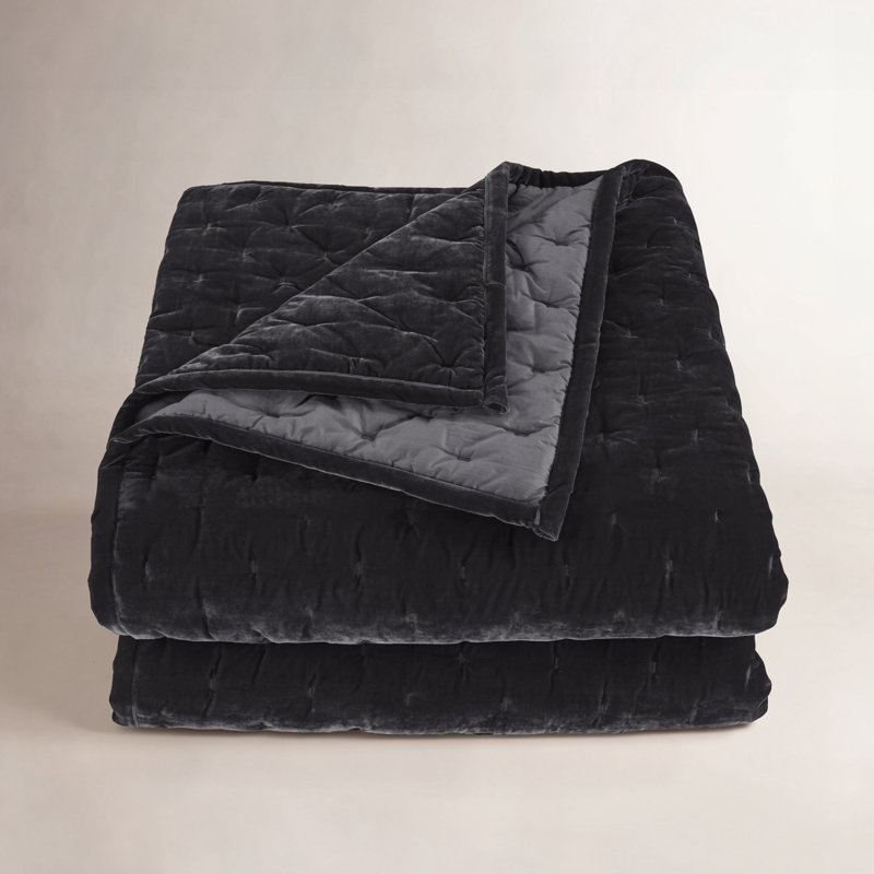 Stella Faux Silk Velvet Classic Chic Modern Rustic Romantic Western Quilt Set, Black, King Quilt + 2 King Shams