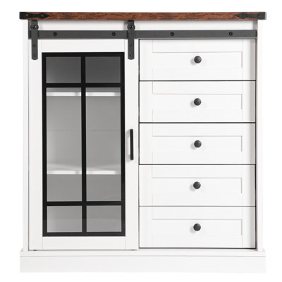Sideboard Storage Cabinet With Built-In Led , 5 Drawers, 2 Adjustable Shelves, White + Deep Walnut 7 Color Lighted Cabinet, 5+ Drawers And Walnut, Mod by Ophelia & Co.