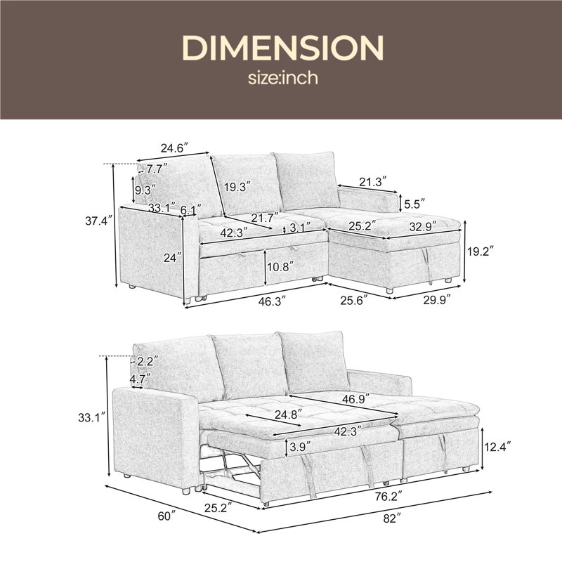 Canapé-lit modulaire rembourré doux avec espace de rangement, adapté aux salons et aux appartements, Polyester gris
