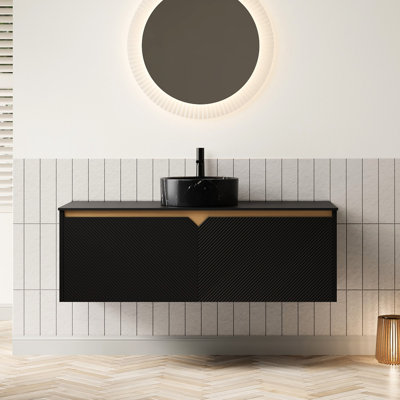Meuble-lavabo 48 po, lavabo rond en céramique noire avec une excellente durabilité, comptoir en pierre frittée et lavabo flottant à système de fermeture en douceur, vasque, amortisseur à fermeture en sergé