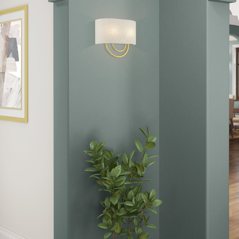2 Light English Bronze ADA Sconce With Hand Crafted Oatmeal Fabric Shade With White Fabric Inside, Soft Gold
