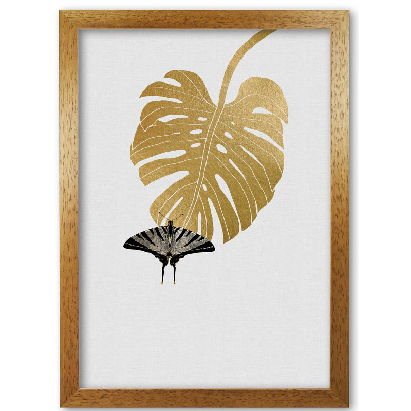 Butterfly & Monstera Leaf - Print, 60 cm H x 42 cm W x 5 cm D, Black Grain Frame