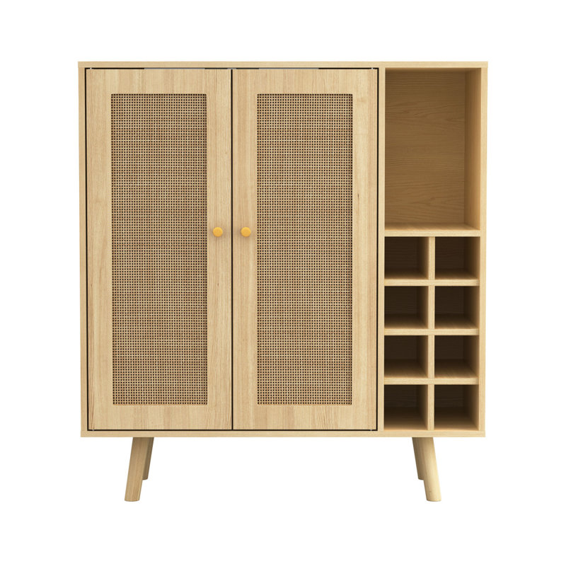 Bar bohémien, portes en rotin naturel, porte-bouteilles amovible en bois naturel