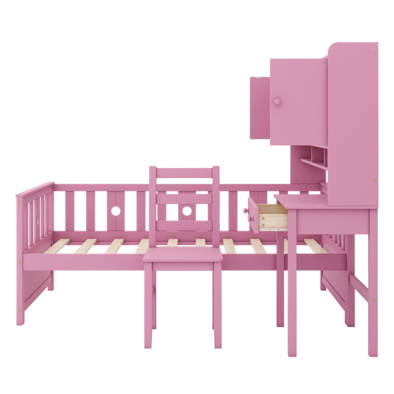 Multifunctional Wood Platform Bed With Bookshelf At The Head Of The Bed, Built-In Desk And Matching Chair, Pink