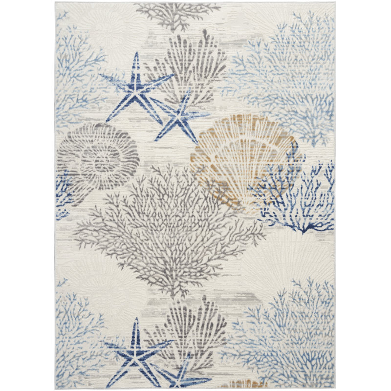 Tapis ivoire / bleu Lilyanna, Rectangle 5 pi 3 po x 7 pi 3 po