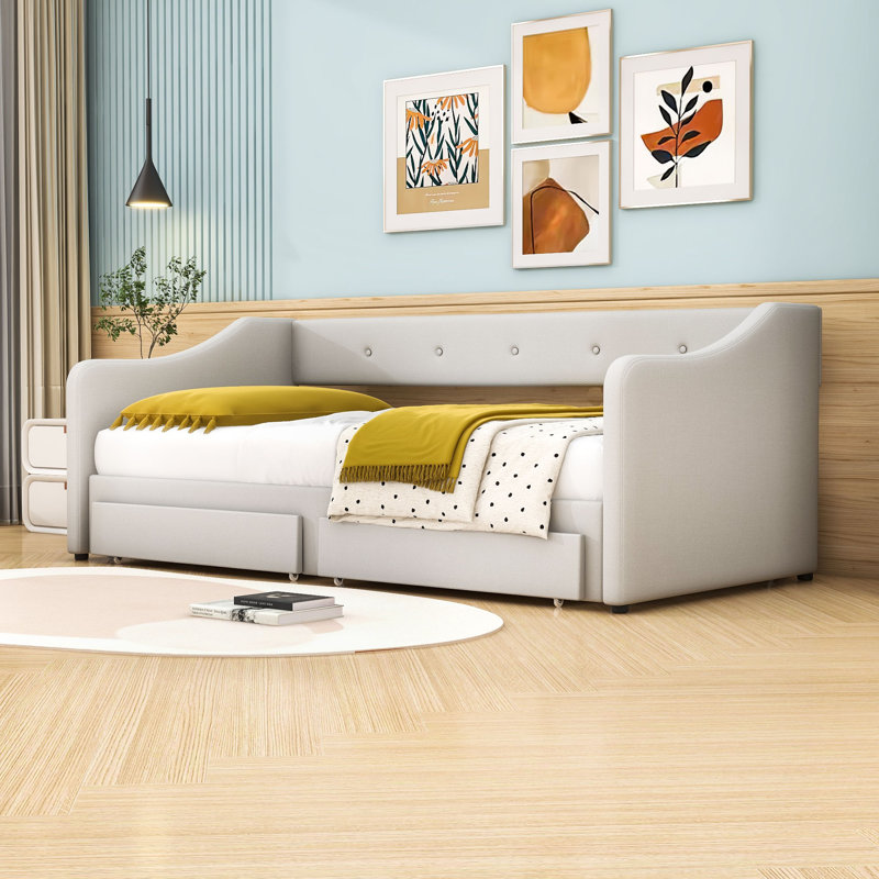 Twin XL Upholstered Daybed with 2 Drawers, Beige