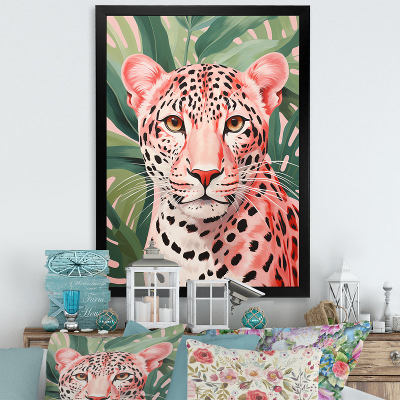 Vert et rose léopard, élégance tropicale V - impressions sur toile léopard, Cadre simple noir, H 20 po x l 12 po x P 1 po