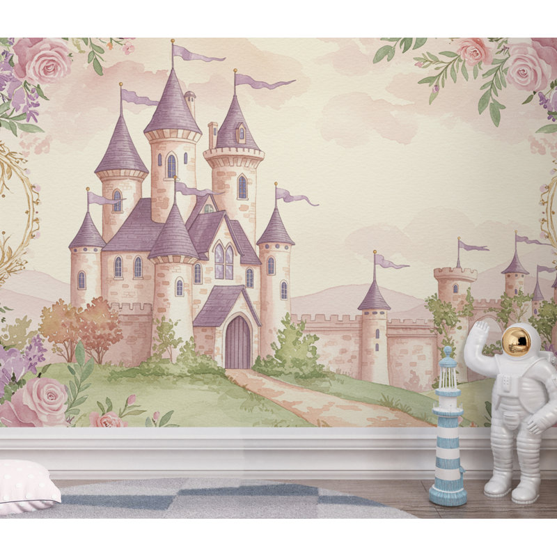 Papier peint château de luxe féerique - princesse, aquarelle pastel, L 10 po x l 8 po, Peler et coller