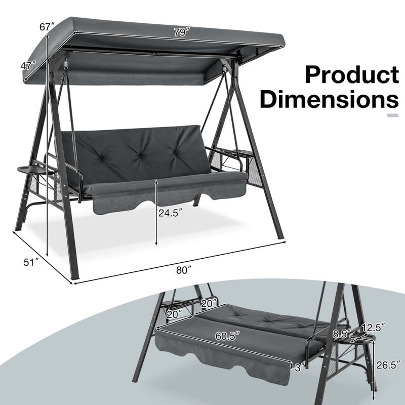 Arlmont & Co. 3-seat Patio Porch Swing Withadjustable Canopy Soft Seat Back Cushions Side Tables, Grey