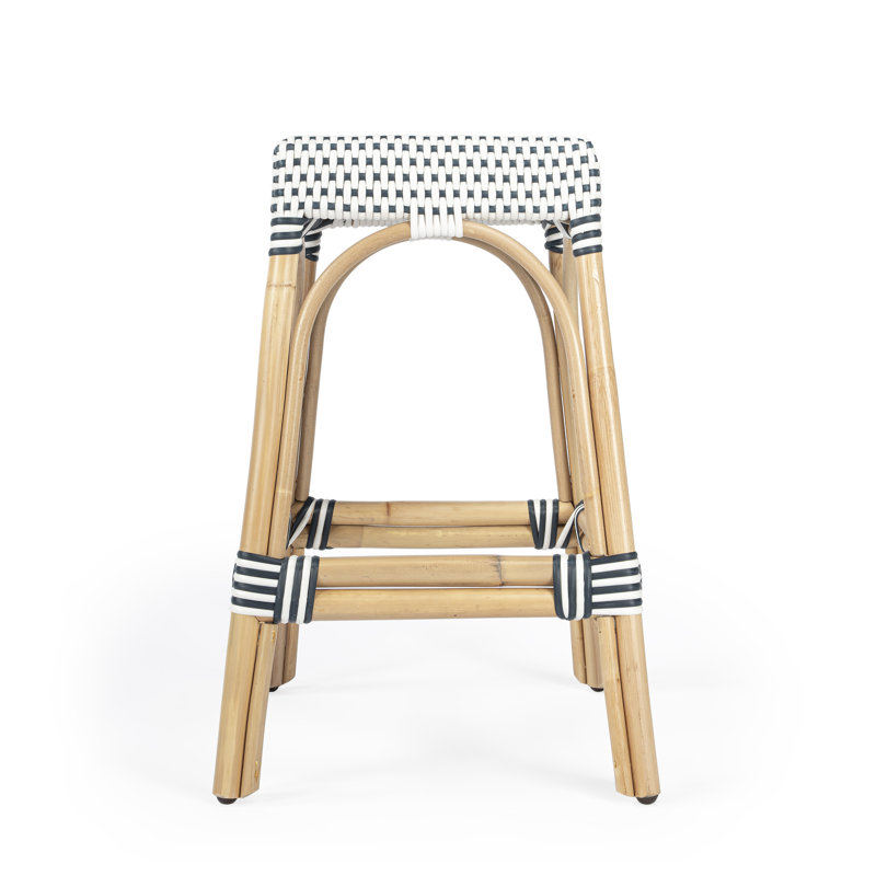 Tabouret de comptoir / de bar Lennart, Blanc / point marine / cadre en rotin naturel