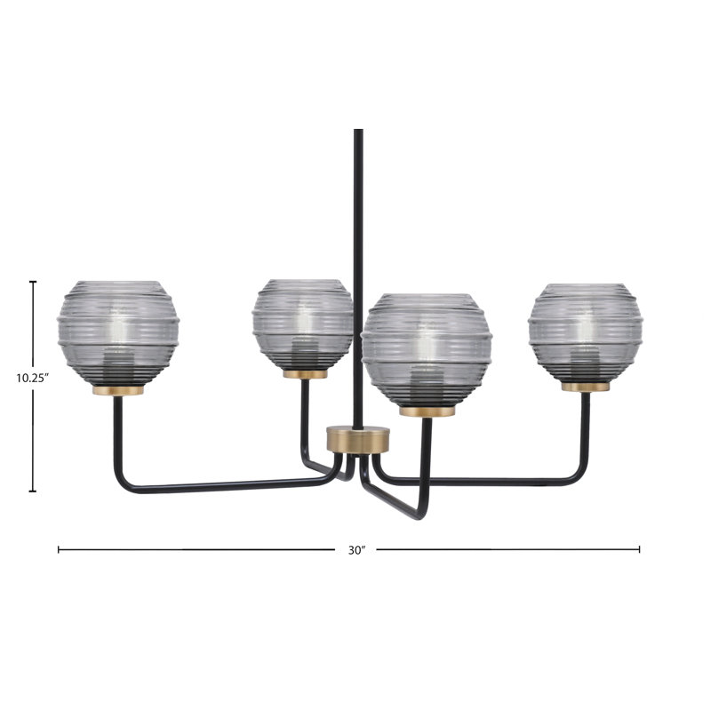 Lustre 4 lumières Amarmula, noir mat et finition laiton nouvel âge, verre fumé de 6 po, Transparent/noir, Noir/laiton