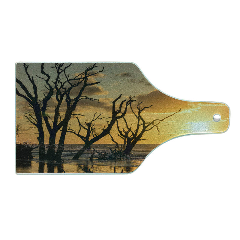 Ambesonne Driftwood Print Tempered Glass Cutting Board Sunrise Beach Trees Orange