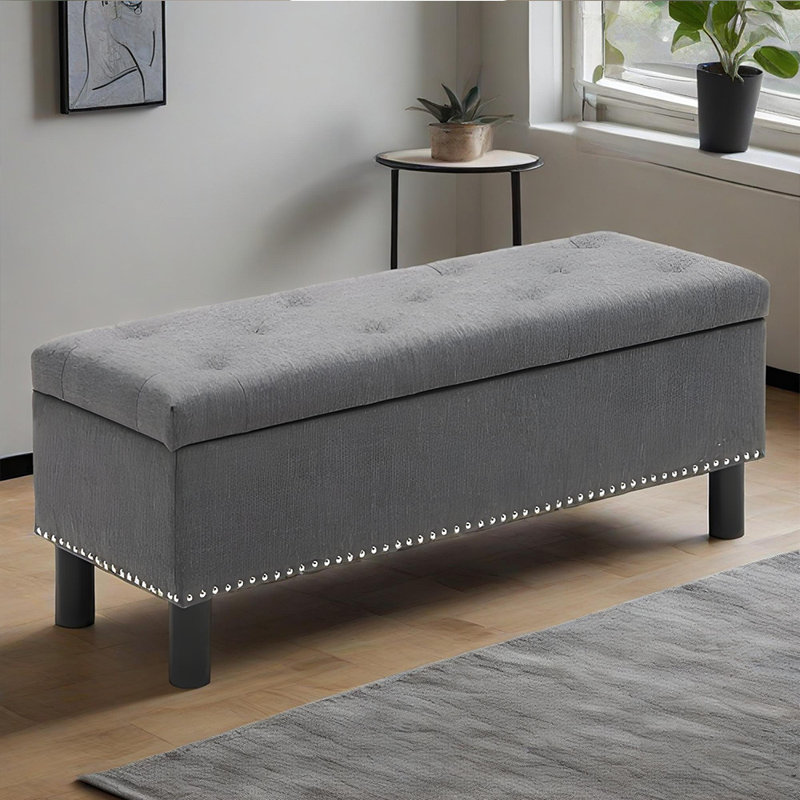 Banc de rangement avec repose-pieds avec pieds en bois, banc de chambre rembourré avec capitonnage à boutons, banc de rangement avec éponge résiliente haute densité pour chambre à coucher, lin