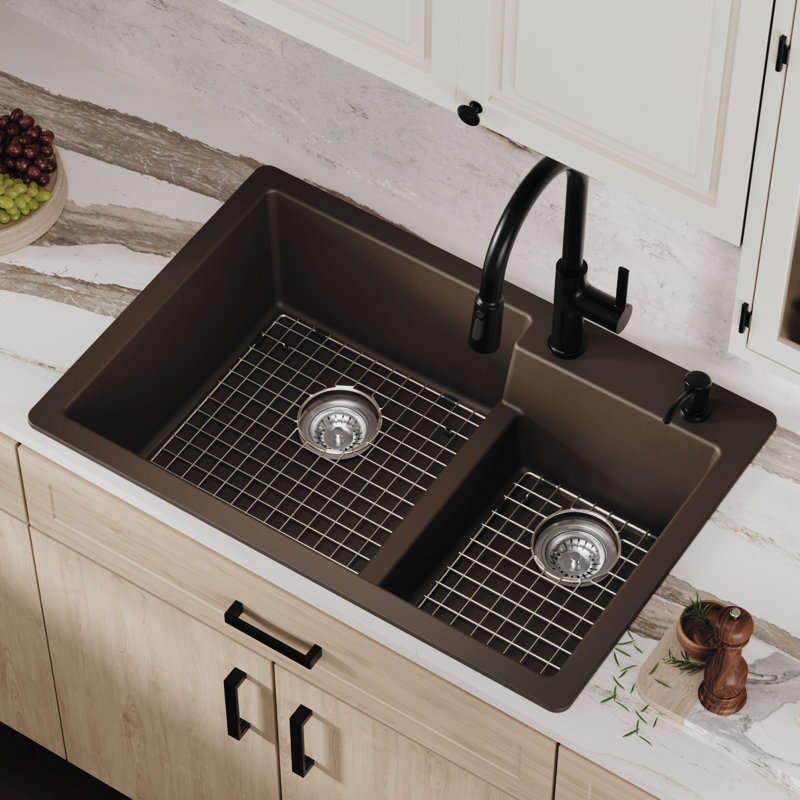 Karran Quartz 33'' X 22'' Double Bowl 60/40 Top Mount Drop-in Kitchen Sink Kit, Brown
