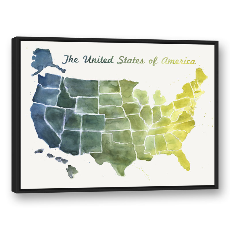 « united states map », reproduction de peinture à l’aquarelle sur toile, H 30 po x l 40 po x P 1,25 po, Cadre noir
