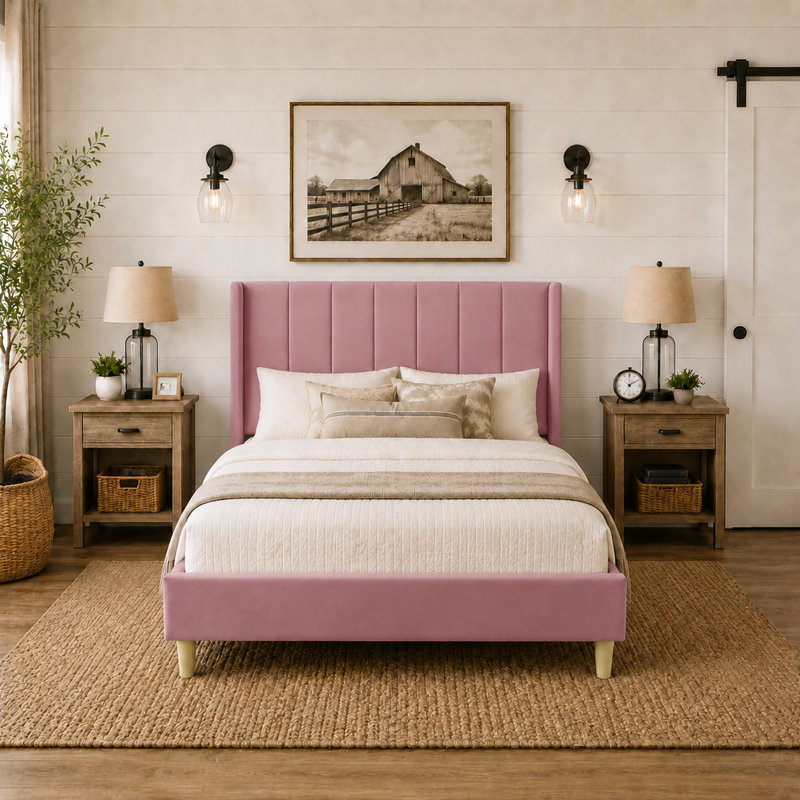 Eriksay Low Profile Upholstered Platform Bed with Wingback Headboard, Twin, Pink Velvet