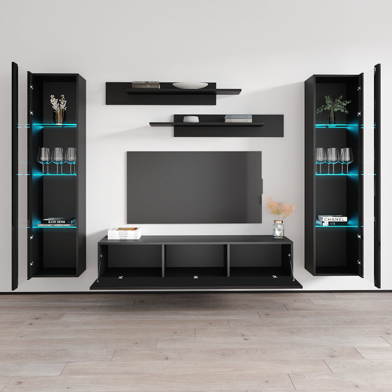 Villasenor 100" Modern Floating Wall Mounted Entertainment Center with 16-Color LED Lighting, High Gloss Finish, Black