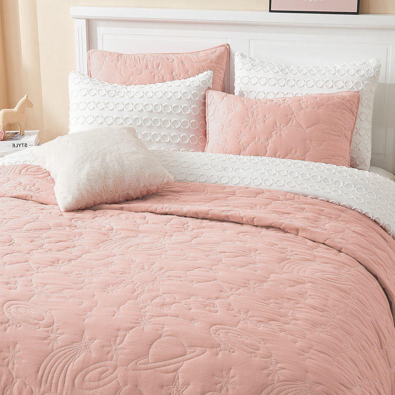 Solid Quilt Set With Star With Vibrant Embroidered Patterns, Queen Quit + 1 Standard Sham, Light Pink